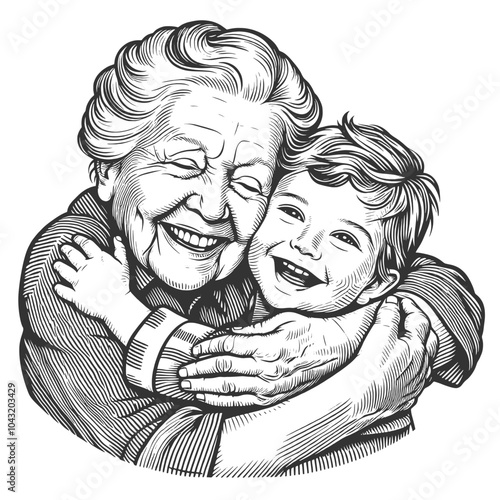 Grandmother sharing a loving hug with her smiling grandchild, generational love and family bonds sketch engraving generative ai vector illustration. Scratch board imitation. Black and white image.