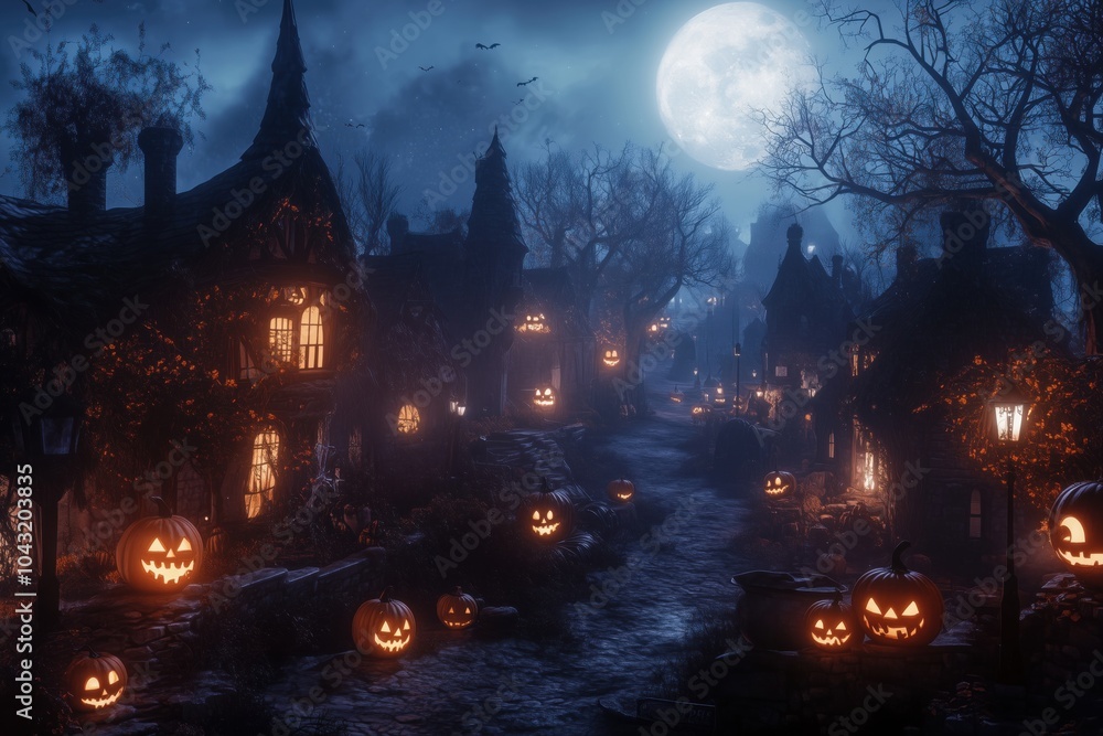 A haunted village illuminated by glowing jack-o-lanterns under a full moon. A haunted village illuminated by glowing jack-o-lanterns under a full moon.