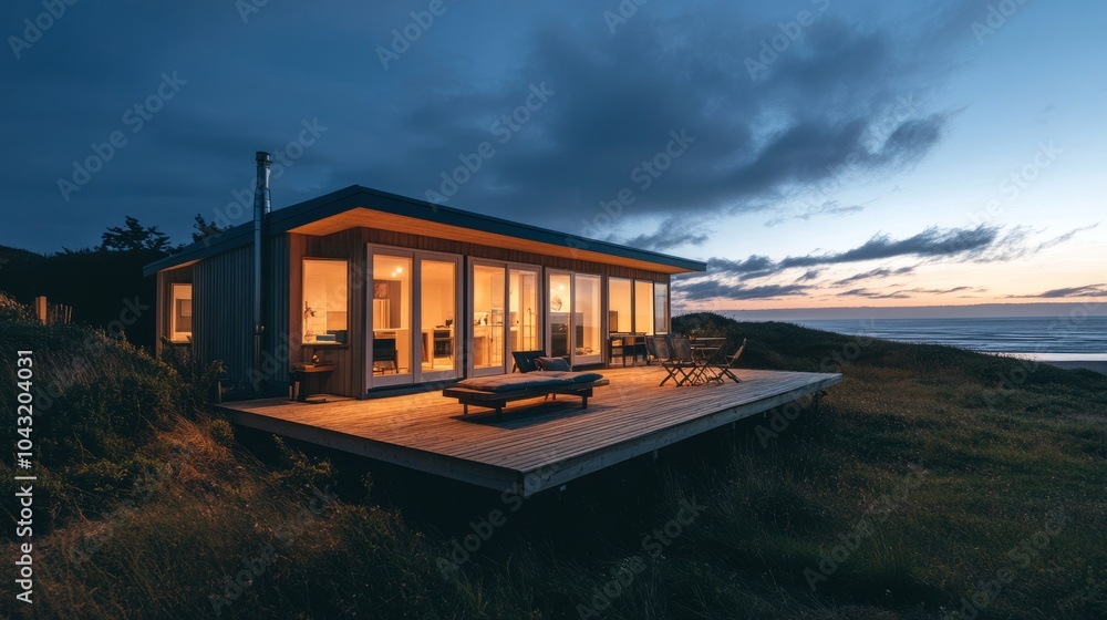 Obraz premium A prefabricated home with a wooden deck, glowing warmly under a dusky horizon