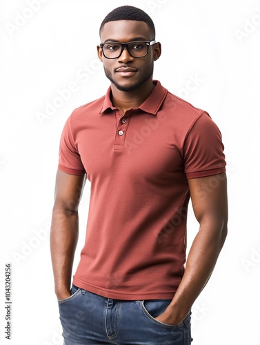 Model man in a fitted polo shirt with modern jeans on a white background.