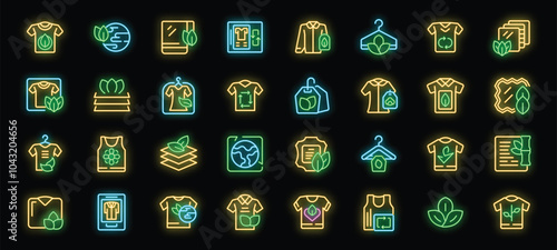 Eco clothing and textile industry neon icons set vector. Eco clothing material and garment production, sustainable fashion and laundry service illustrations