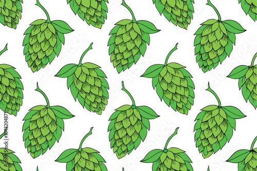 Seamless Pattern with Green Hops Illustrated Design on White Background