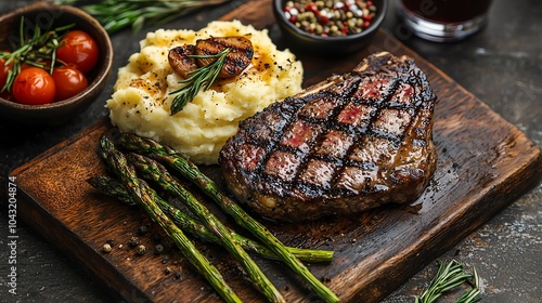Grilled beef ribeye steak with charred asparagus and mashed potatoes, grilled beef steak, steakhouse experience