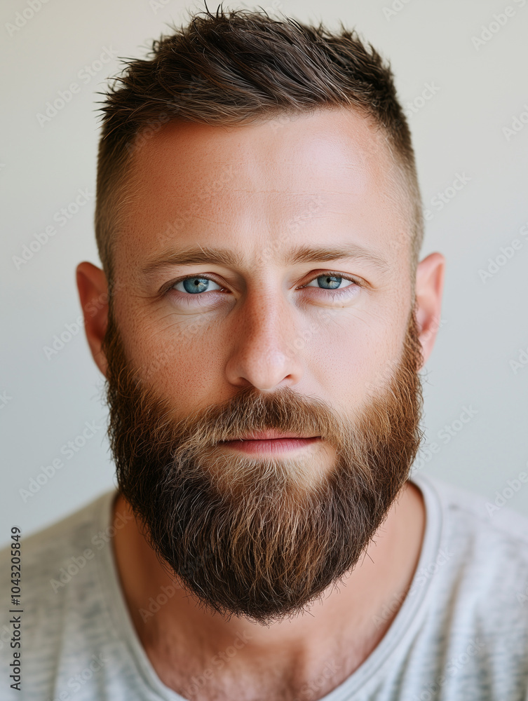 Fototapeta premium A portrait of a man with a well-groomed, thick beard, sharp jawline, modern hairstyle