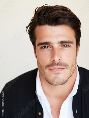 A male model with Old Money Side Part hairstyle