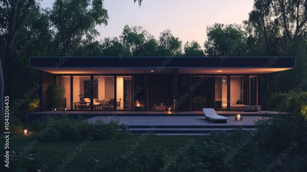 Dusk settles over a stylish prefabricated house, with subtle outdoor lighting framing the structure. Dusk settles over a stylish prefabricated house, with subtle outdoor lighting framing the structure.
