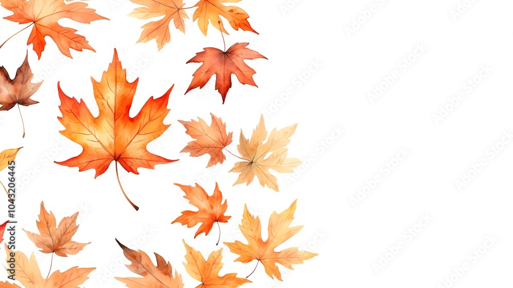 Autumnal Tapestry: A vibrant watercolor pattern featuring maple leaves in various shades of orange, red, and yellow. Watercolor Illustration. Drawing. Art. Autumn. Background. Copy Space. 2 Autumnal Tapestry: A vibrant watercolor pattern featuring maple leaves in various shades of orange, red, and yellow. Watercolor Illustration. Drawing. Art. Autumn. Background. Copy Space. 2