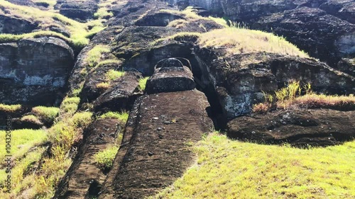 Moai under construction in a beautiful sunny landscape over Ranu a Raraku in a summer day in Easter Island, Rapa Nui, Polynesia, Chile, Latin America. photo