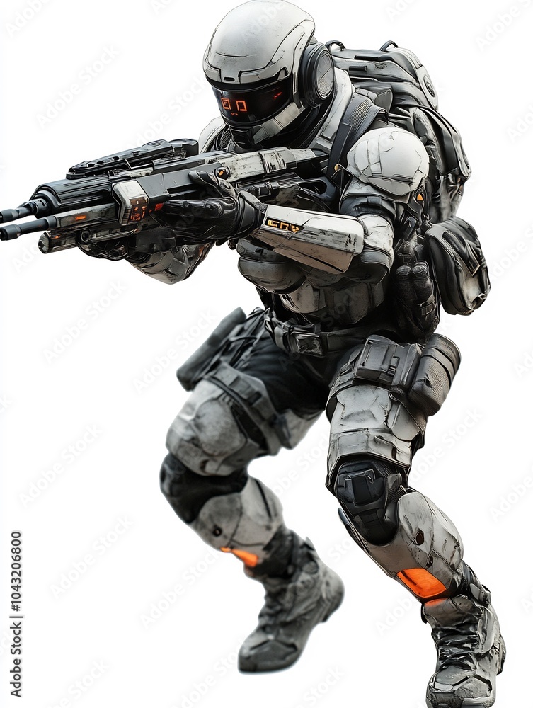 Gaming character man in a futuristic armor suit with muscular upper body on a white background. Gaming character man in a futuristic armor suit with muscular upper body on a white background.