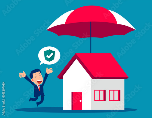 Businessman and his house protected under big umbrella. Business vector concept