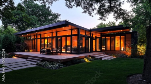 Elegant prefab house with sleek lines and garden lighting creating ambiance at dusk.