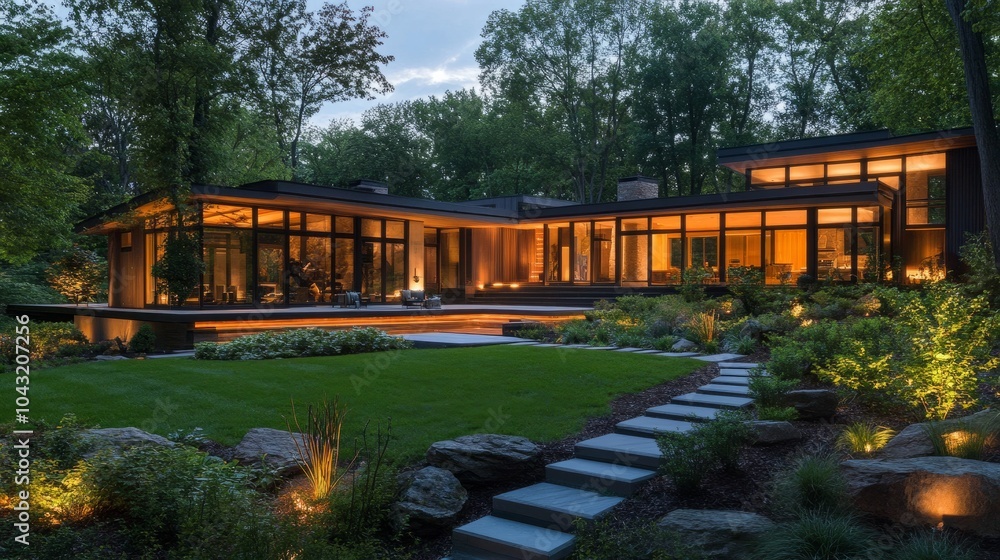 Elegant prefab house with sleek lines and garden lighting creating ambiance at dusk. Elegant prefab house with sleek lines and garden lighting creating ambiance at dusk.