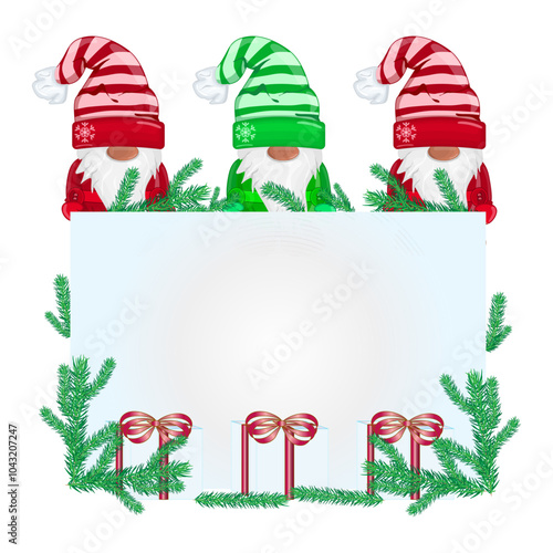 
Banner with gnome, gift box, fir branches and signboard with copy space. Christmas Santa Claus with presents and advertisement frame for holiday design. Place for your text. Stock vector illustration