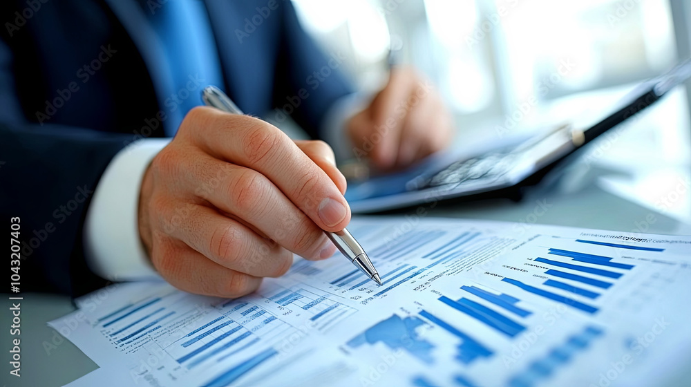 A Professional Assessing Financial Reports While Seated at a Desk in a Bright Office During the Morning Hours A Professional Assessing Financial Reports While Seated at a Desk in a Bright Office During the Morning Hours