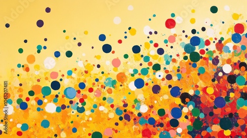 Multicolored confetti-like abstract dots scattered across a bright yellow background photo