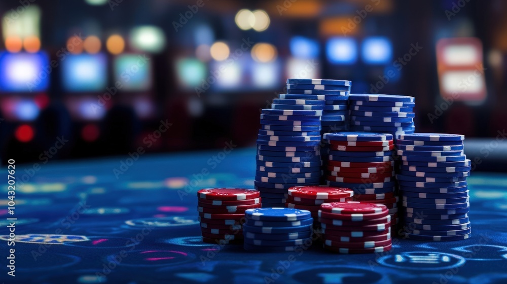 A stack of poker chips on a green felt table with a blurry casino background. A stack of poker chips on a green felt table with a blurry casino background.