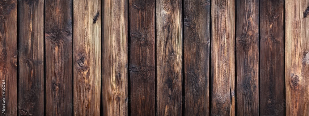A textured wooden wall made of varying shades of brown planks. A textured wooden wall made of varying shades of brown planks.