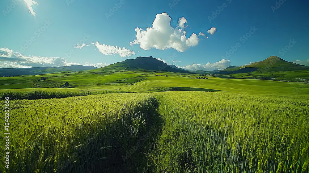 Obraz premium Lush Green Wheat Fields Stretch Across Rolling Hills Under a Bright Blue Sky With Fluffy Clouds in a Serene Landscape