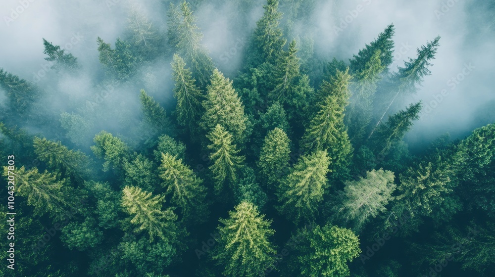 Aerial view of dense evergreen forest shrouded in mist. Aerial view of dense evergreen forest shrouded in mist.