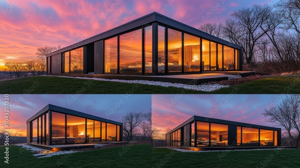 Large glass windows of a prefab home reflecting the colorful sky at dusk Large glass windows of a prefab home reflecting the colorful sky at dusk