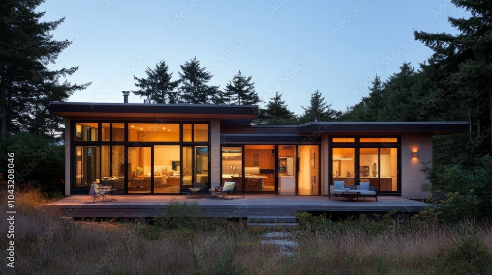 Minimalist prefab house glowing warmly at dusk, with large windows and serene surroundings. Minimalist prefab house glowing warmly at dusk, with large windows and serene surroundings.