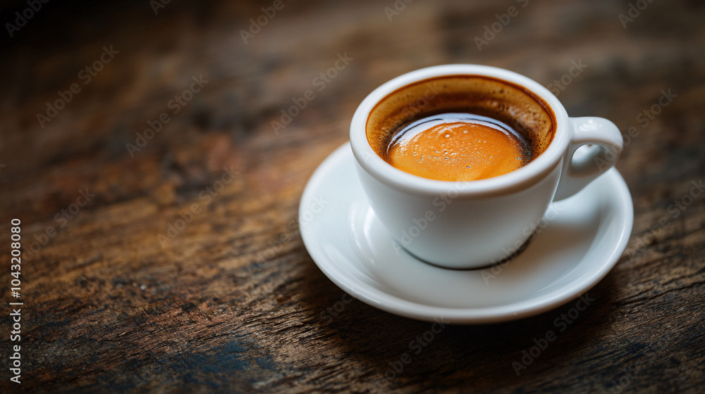 Closeup of Espresso in White Cup on Rustic Wooden Table Closeup of Espresso in White Cup on Rustic Wooden Table