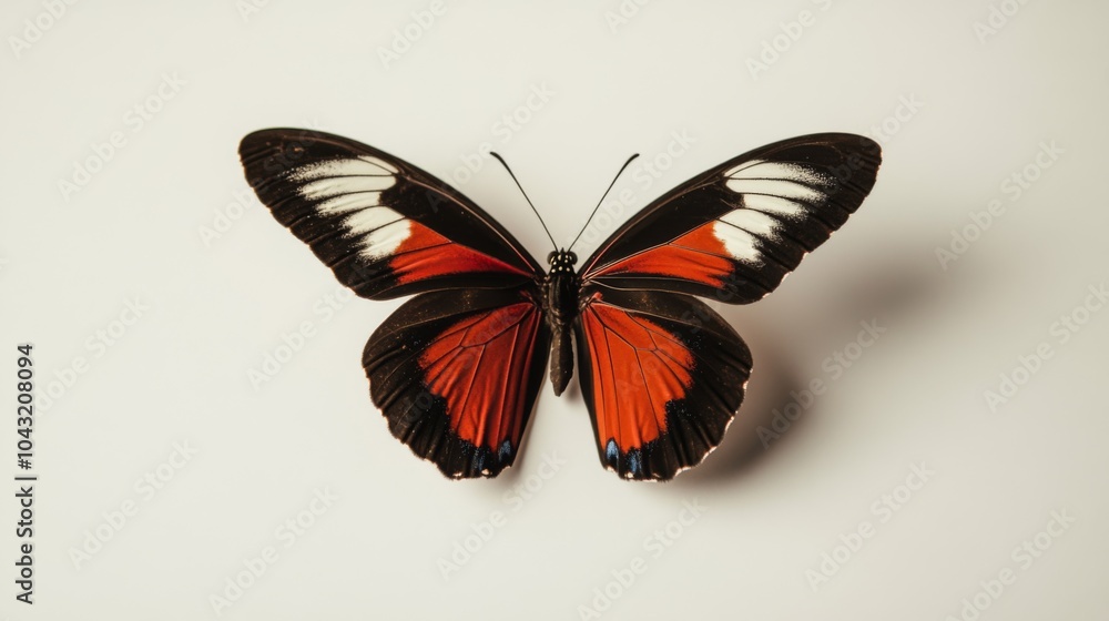 A red and black butterfly with white markings on a white background. A red and black butterfly with white markings on a white background.