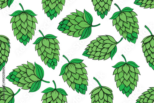 Seamless Pattern with Green Hops Illustrated Design on White Background