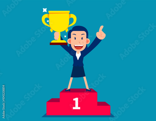 Happy businesswoman holding award trophy and stand winning podium. Business vector concept