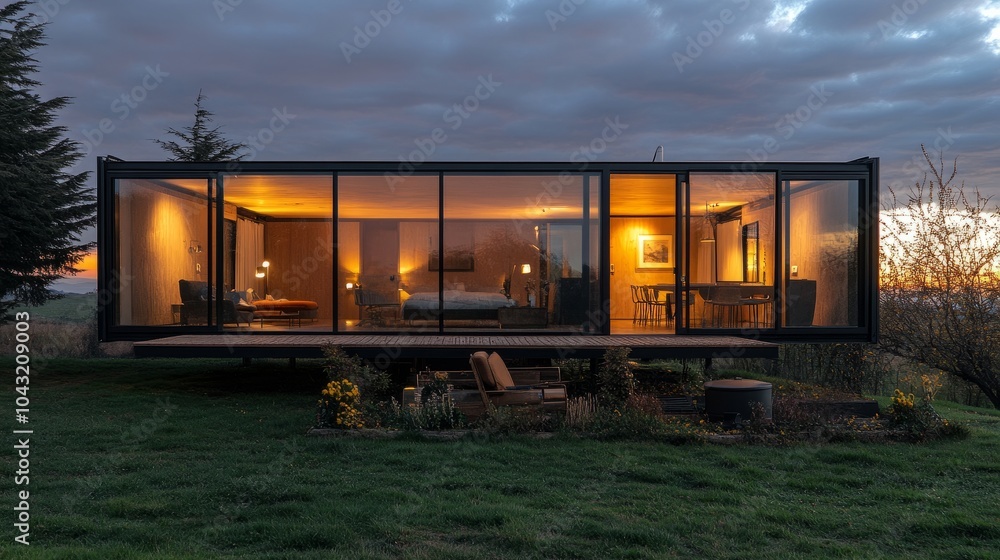 Fototapeta premium Modular prefabricated home at dusk, with reflections of the setting sun on its glass facade.