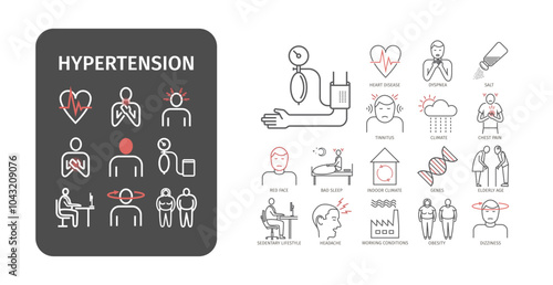 Hypertension. Symptoms, Treatment. Vector line icons. Medical infographics