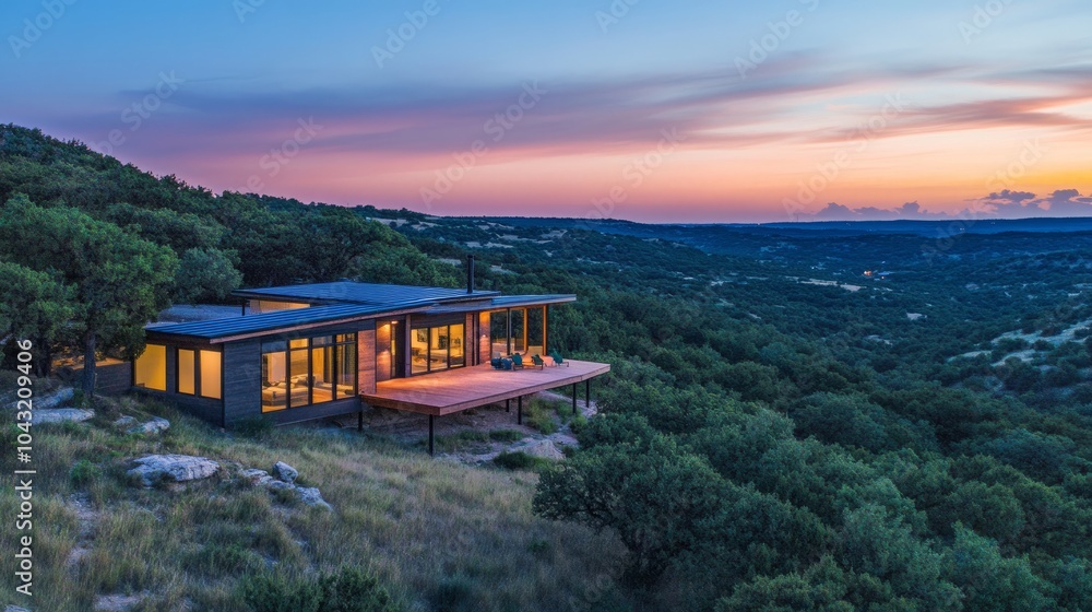 Prefab home on a hillside, with expansive views of the landscape at dusk Prefab home on a hillside, with expansive views of the landscape at dusk