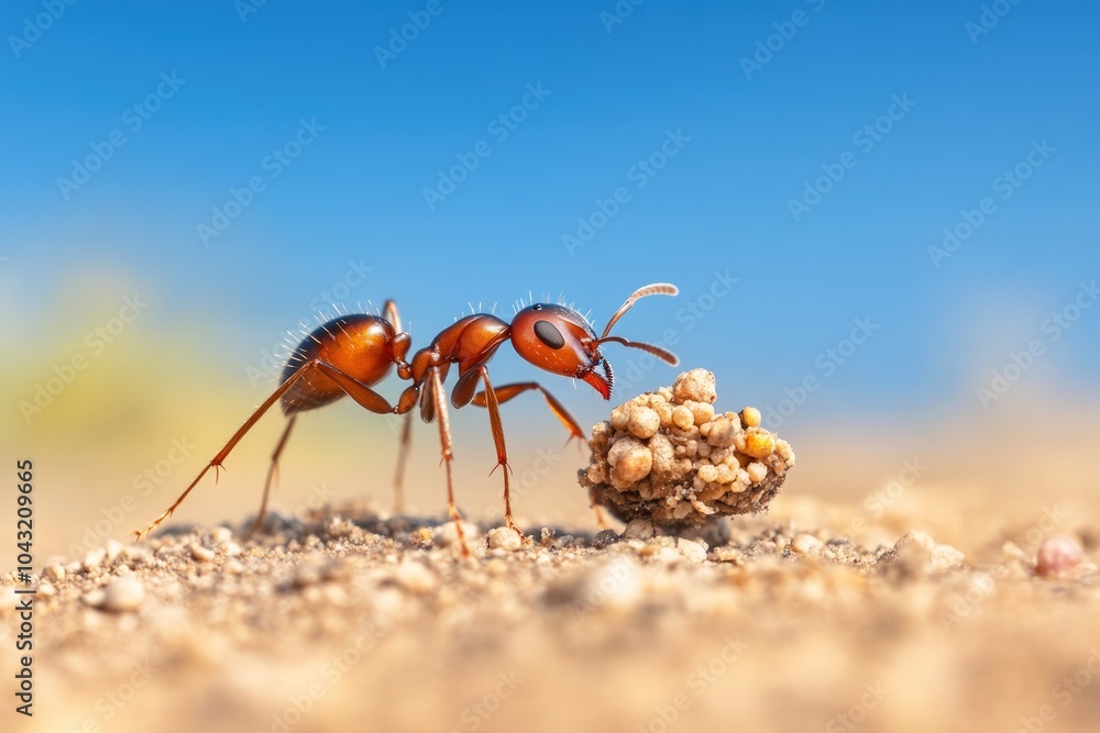 A red ant carries a large crumb in its mandibles, against a bright blue sky. A red ant carries a large crumb in its mandibles, against a bright blue sky.