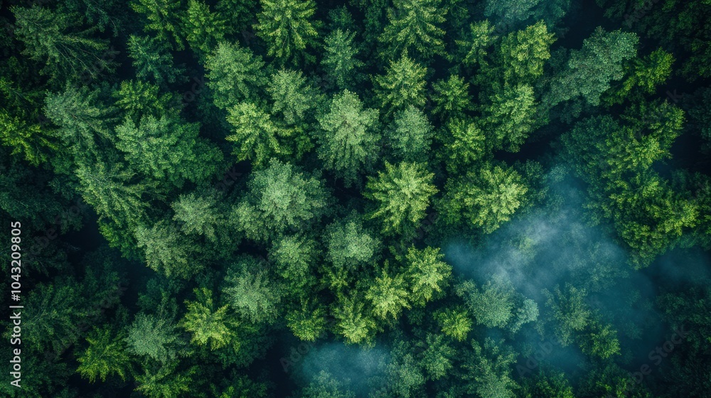 Aerial view of dense green forest with mist, showcasing nature's tranquility. Aerial view of dense green forest with mist, showcasing nature's tranquility.