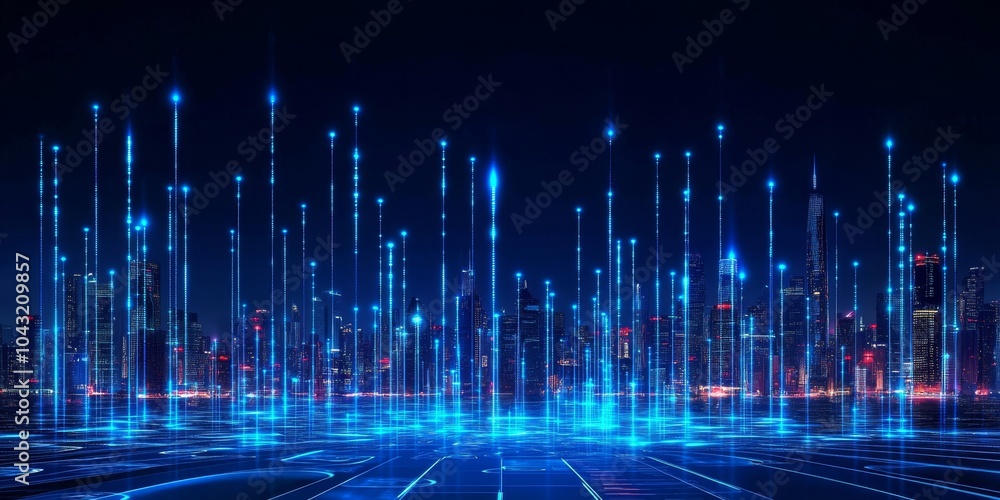 Abstract city skyline with glowing blue lines and lights. Abstract city skyline with glowing blue lines and lights.
