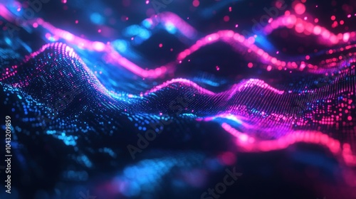 Abstract digital glitch effect with distorted neon lines in vibrant pink, blue, and purple on a dark background photo