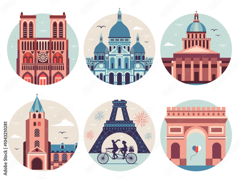 Paris Monuments and Landmarks Travel Icons