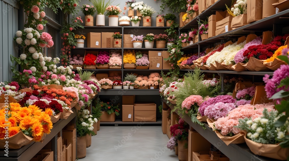 Counter of a florist workshop with flowers and boxes of plants. Pantry with flowers for the florist. Different varieties of flowers and plants on the shelves. Counter of a florist workshop with flowers and boxes of plants. Pantry with flowers for the florist. Different varieties of flowers and plants on the shelves.