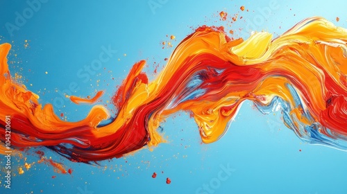 High-contrast, vivid orange and red streaks on a bright blue backdrop with an energetic flow