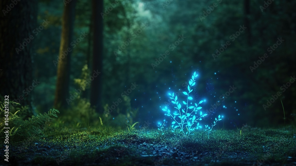 Glowing Bioluminescent Plants in a Dark Forest Glowing Bioluminescent Plants in a Dark Forest