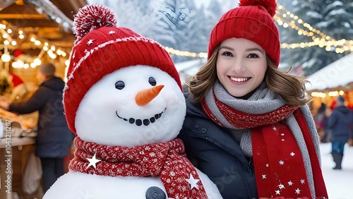 Concetto di inverno, freddo e feste di Natale: bella ragazza e pupazzo di neve felice e sorridente in ambiente invernale e di Natale con renna sullo sfondo	 photo