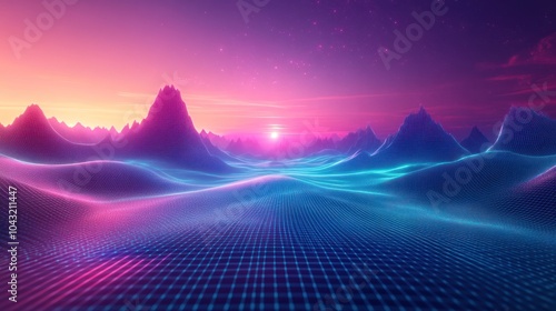 Abstract 3D digital landscape with glowing gridlines and floating geometric shapes in neon blue and purple