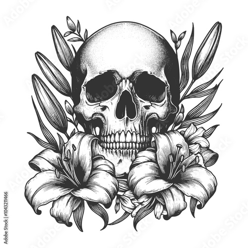 skull surrounded by lilies flowers, blending themes of death and beauty in vintage style sketch engraving generative ai vector illustration. Scratch board imitation. Black and white image. photo