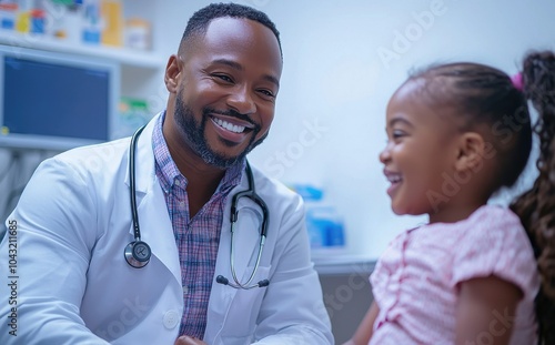 Friendly doctor smiling while listening to a young girl's heart in a medical office setting, showcasing healthcare and professional care