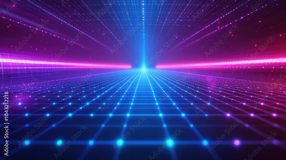 Glowing holographic grid of neon blue and purple lines floating in a dark space, creating a futuristic digital effect Glowing holographic grid of neon blue and purple lines floating in a dark space, creating a futuristic digital effect