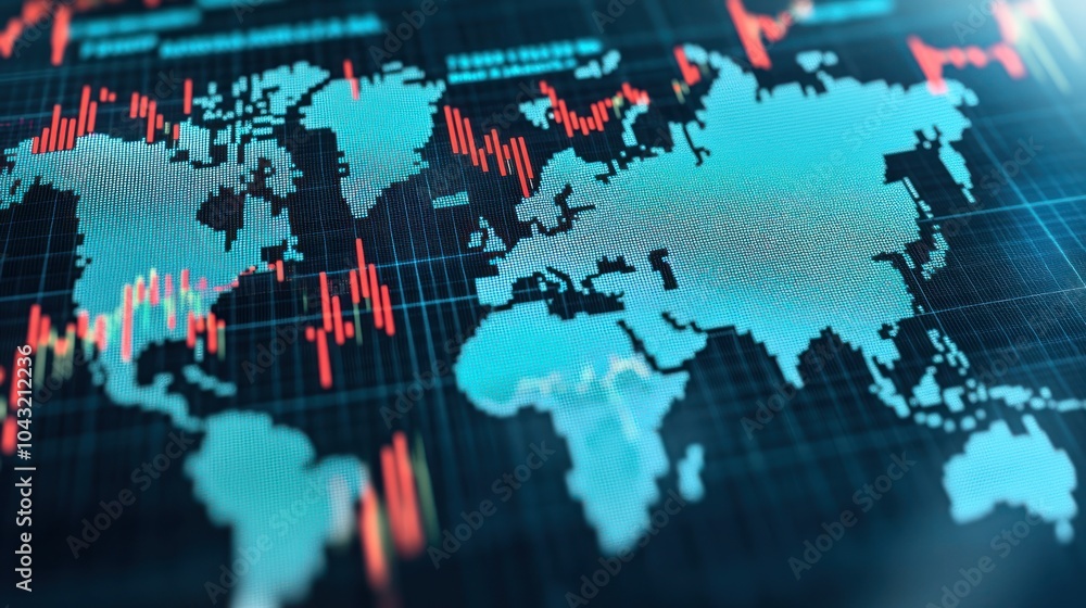A digital world map overlaid with financial data and stock market trends. A digital world map overlaid with financial data and stock market trends.