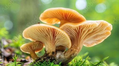 Mushroom depicted on a plain background, beautiful fungi macro. Background peaceful, mushroom vivid.