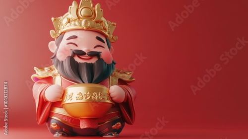 A smiling cartoon Chinese god of wealth holding a pot of gold, isolated on red background. photo