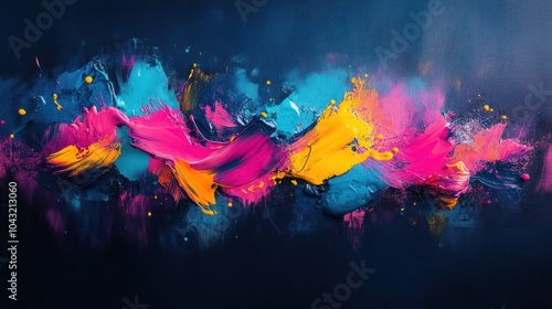 Vibrant abstract paint splatters in bold colors like neon pink, turquoise, and yellow on a dark canvas photo