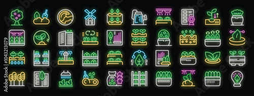 This set of neon icons shows concepts related to smart farm, greenhouse technology, agriculture innovation and automated plant growth